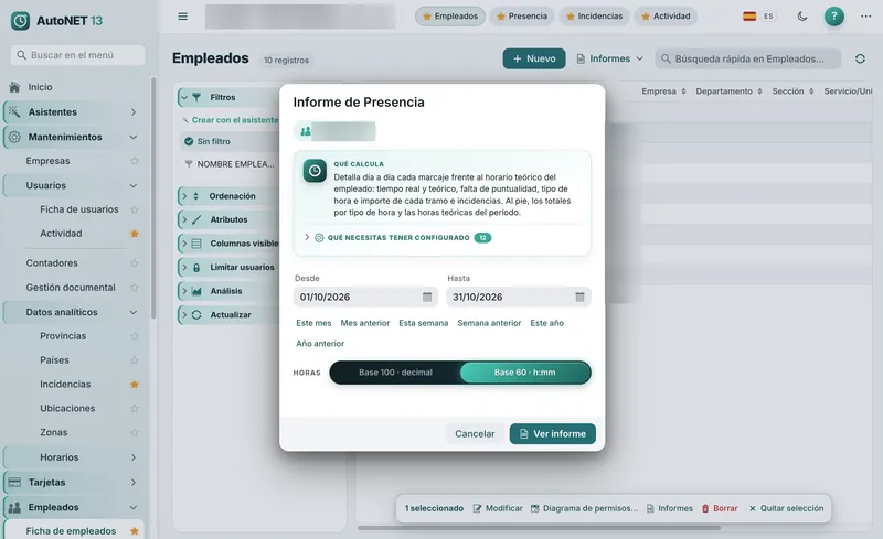 Informe de presencia por empleado en AutoNET: marcajes frente al horario teórico del período