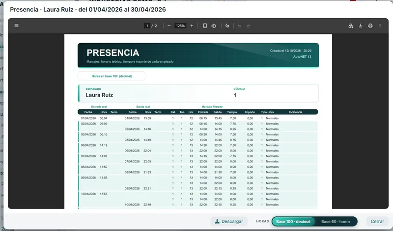 Informe de control de presencia en PDF con los marcajes de un empleado frente a su horario