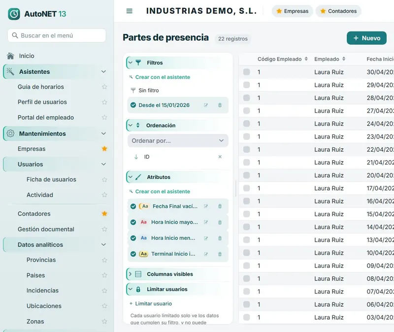 Partes de presencia de los empleados en el software de control de presencia AutoNET 13