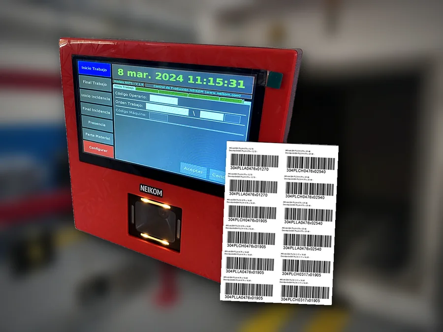 Terminal NKT1 y etiquetas de código de barras Terminal NKT1 de control de producción con una hoja de etiquetas de código de barras de artículos para leer en planta