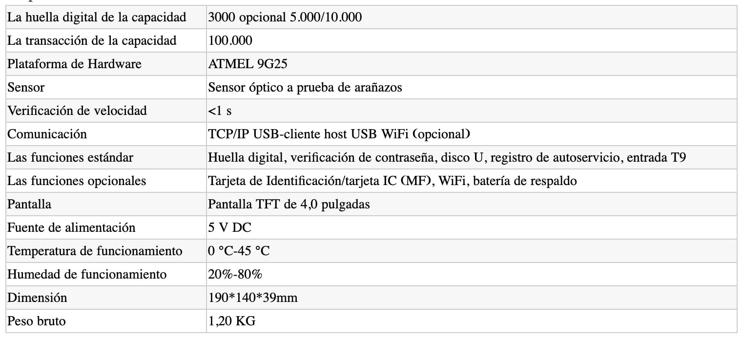 Características temrinal biométrico NKT9